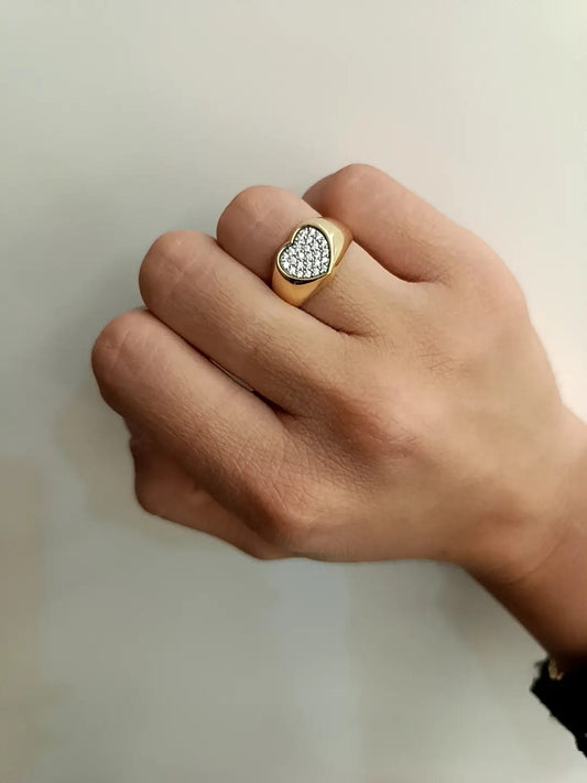 Anello chevalier cuore pave' oro giallo 18kt