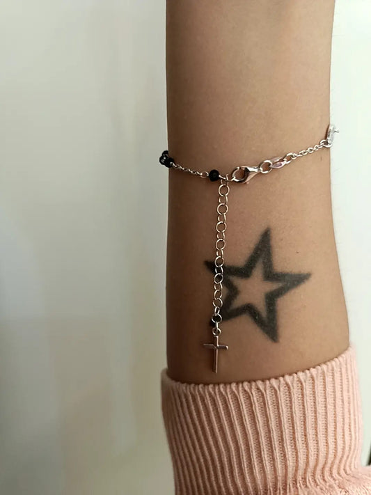 BRACCIALE CROCE E PIETRE NERE ARGENTO