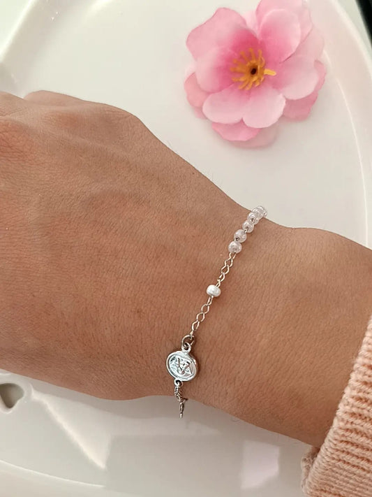 BRACCIALE CROCE E PIETRE ROSA ARGENTO