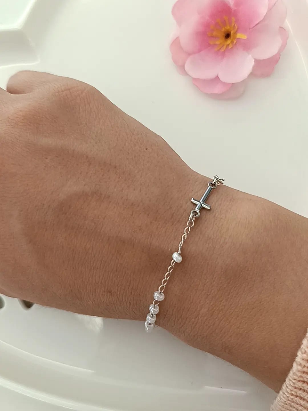 BRACCIALE CROCE E PIETRE ROSA ARGENTO