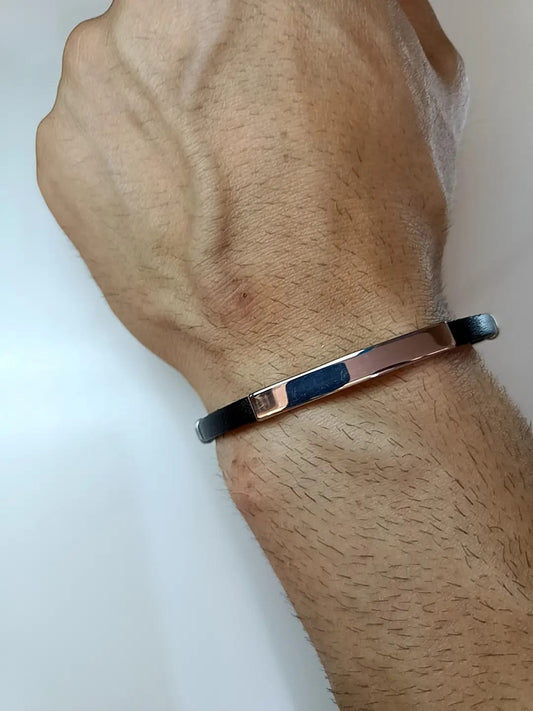 BRACCIALE PELLE NERA E ARGENTO