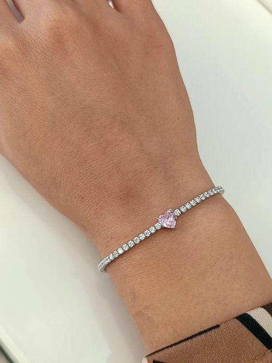 BRACCIALE TENNIS CUORE ROSA ARGENTO