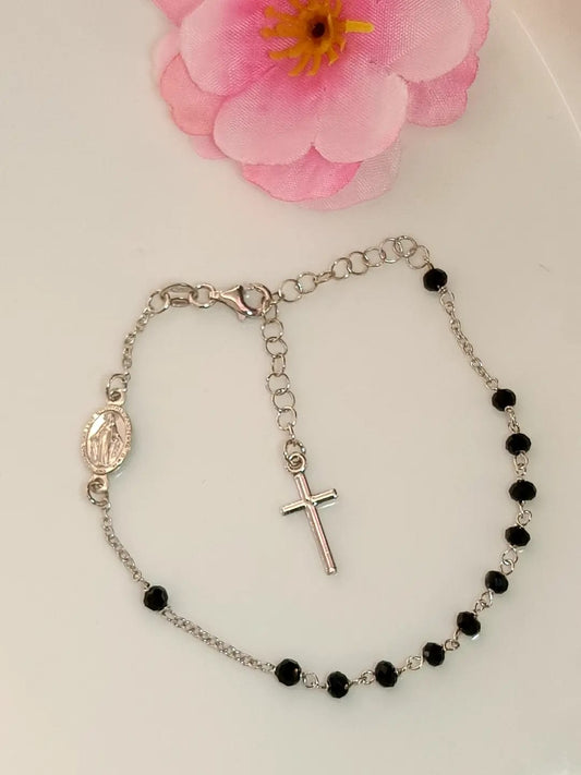BRACCIALE CROCE E PIETRE NERE ARGENTO