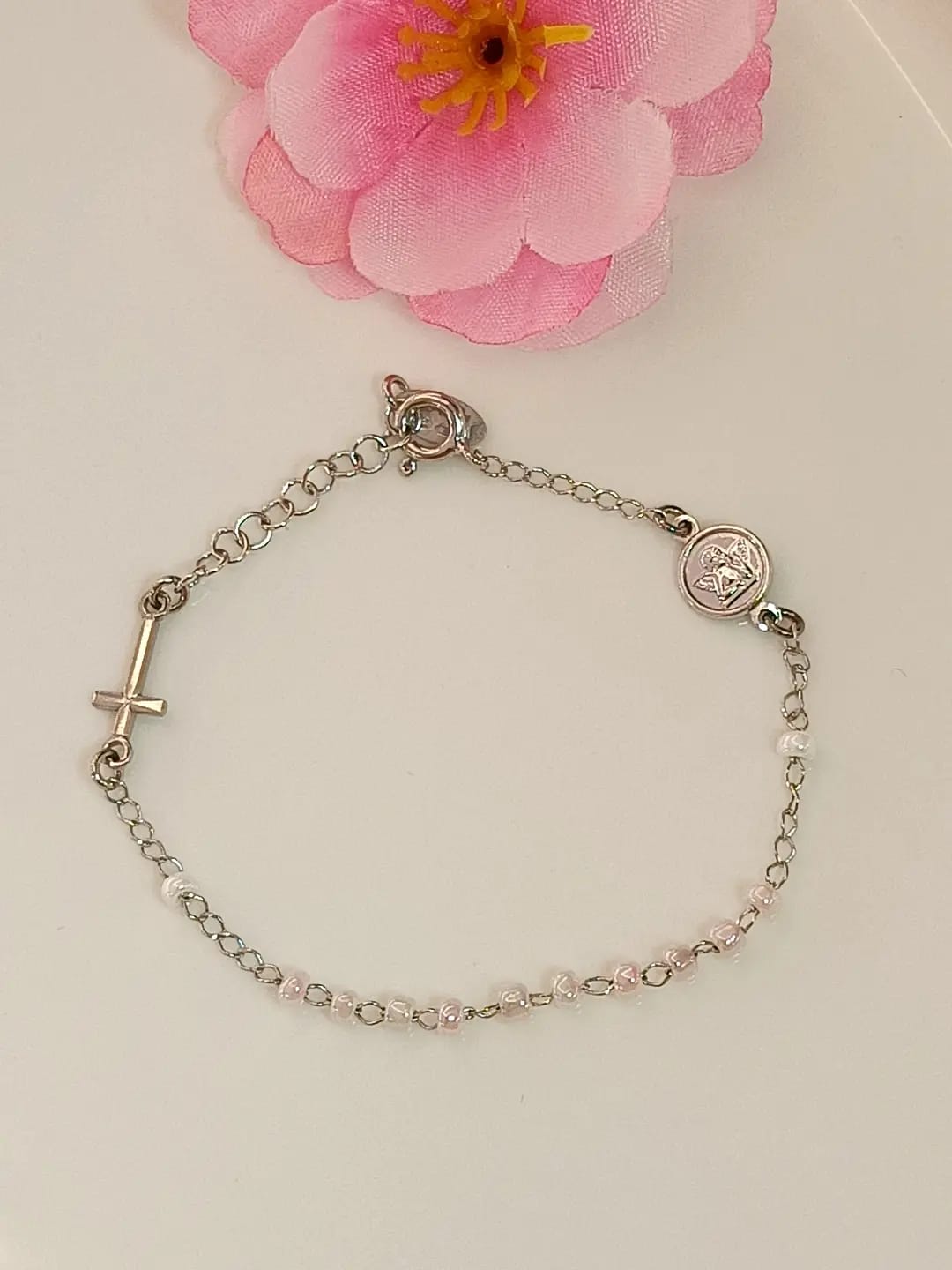 BRACCIALE CROCE E PIETRE ROSA ARGENTO