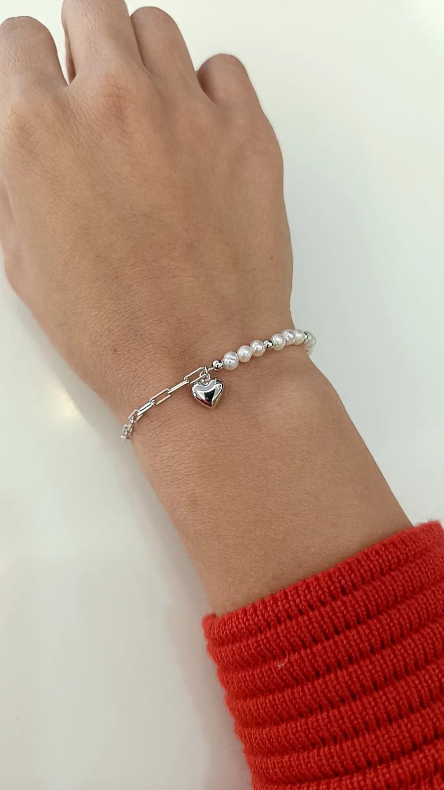 BRACCIALE MIX CUORE E PERLE ARGENTO