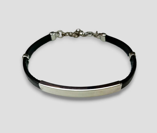 BRACCIALE PELLE NERA E ARGENTO