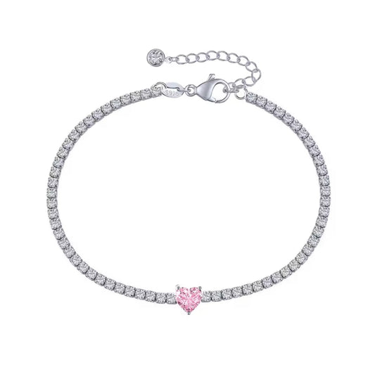 BRACCIALE TENNIS CUORE ROSA ARGENTO