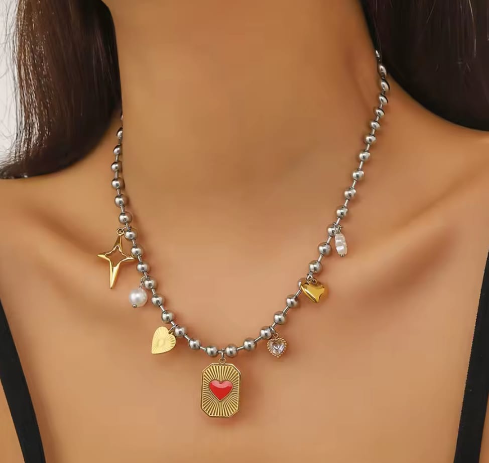 Collana medaglia cuore rosso bicolor