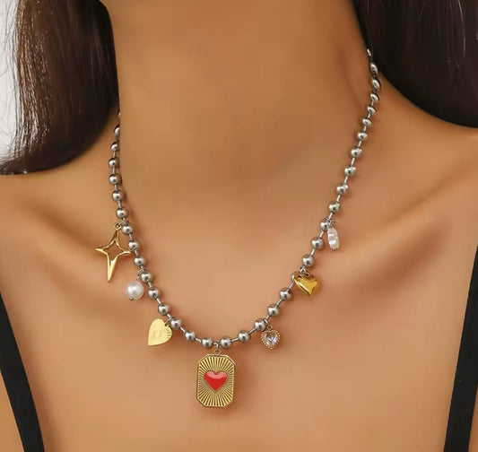 Collana medaglia cuore rosso bicolor