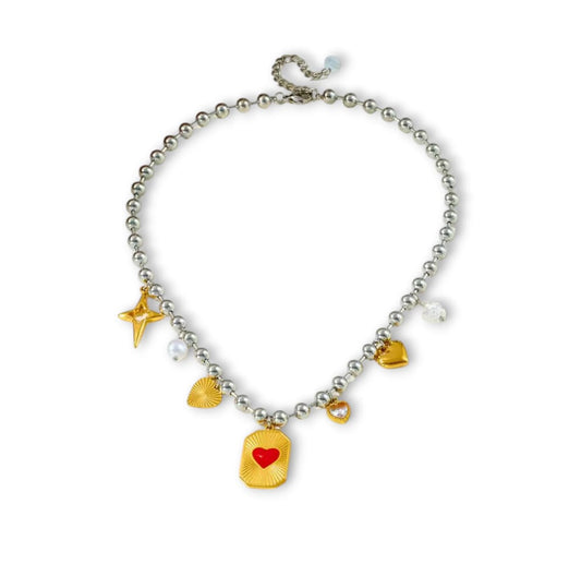 Collana medaglia cuore rosso bicolor