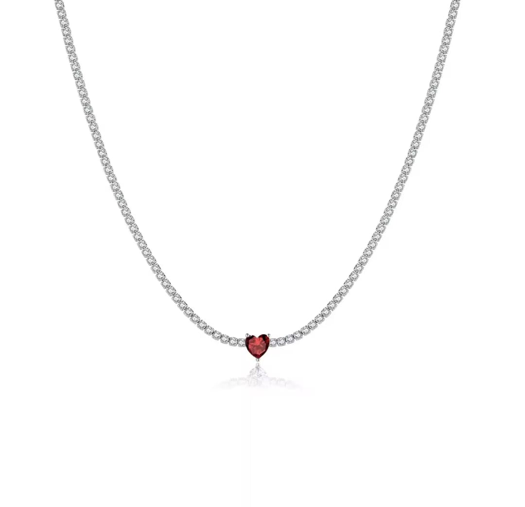 Collana tennis cuore rosso argento