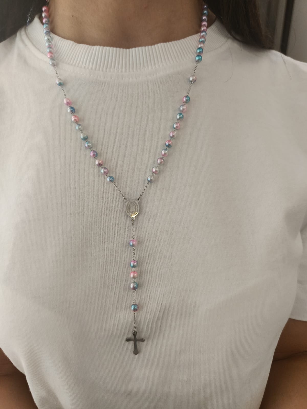 Collana rosario rosa azzurro